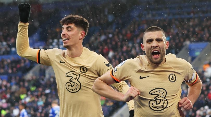 Kai Havertz and Mateo Kovacic celebrate one of Chelsea&#039;s goals in the 3-1 win at Leicester in the Premier League in March 2023.