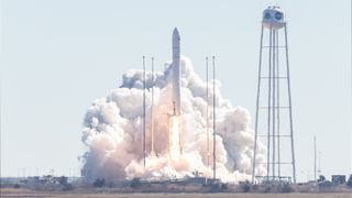 The first stage of Northrop Grumman's Antares rocket, seen here launching a Cygnus cargo spacecraft on Feb. 19, 2022, is built by the storied Ukrainian aerospace manufacturer Yuzhmash. 