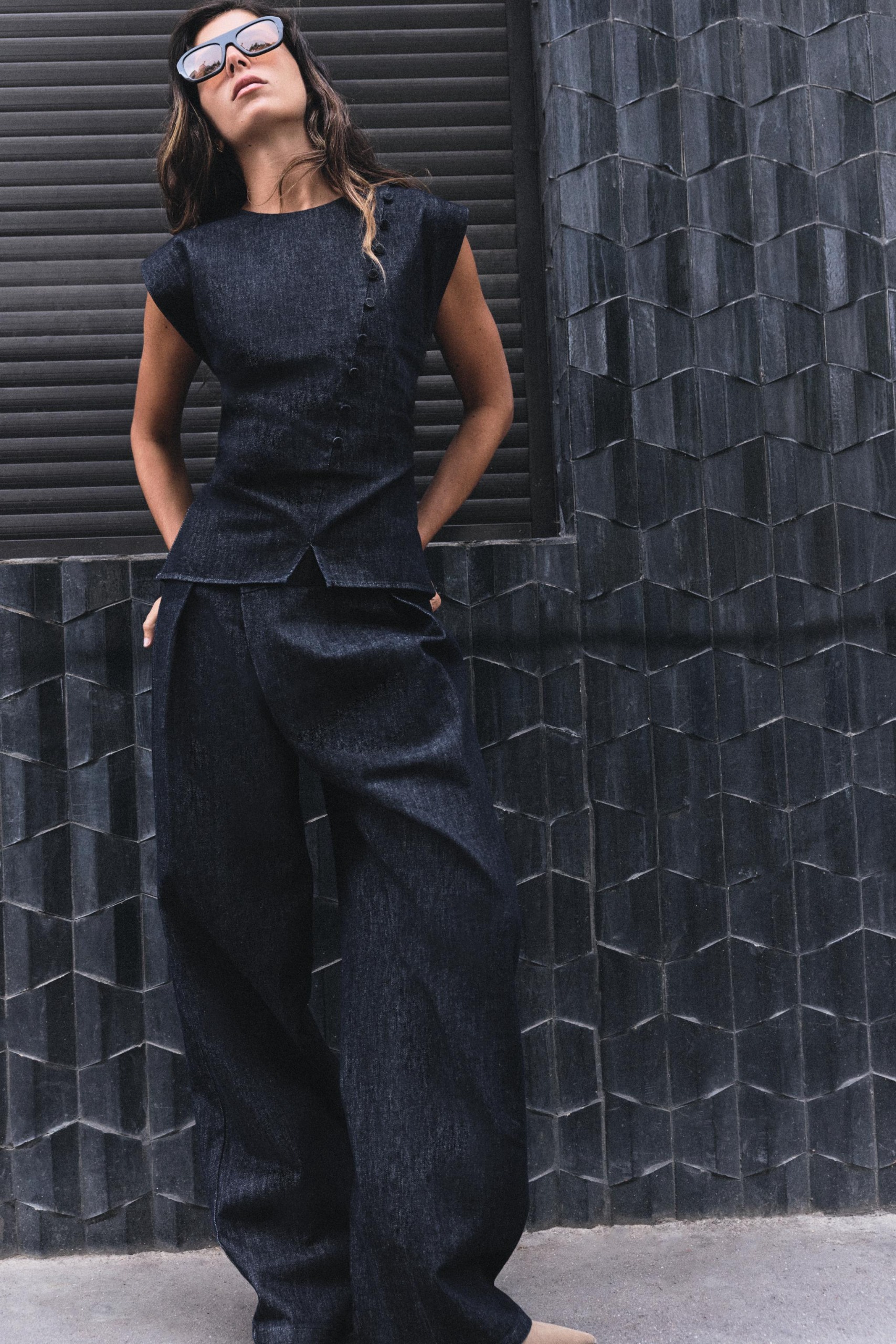 Z1975 Denim Top With Covered Buttons - Blue - Xs