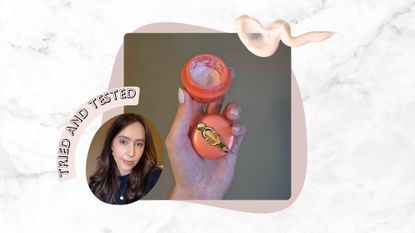On the left is a picture of Digital Beauty Writer, Naomi Jamieson wearing a full face of makeup, with Tatcha's The Brightening eye cream applied underneath, to her under eyes. And in the middle is a picture of her holding the Tatcha eye cream in her hand, in front of a green wall background/ both images are featured in a grey and white marbled template with the words 'tried and tested.'