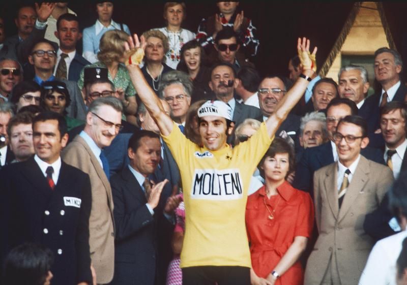 Eddy Merckx celebrates his fifth and final Tour de France victory in 1974