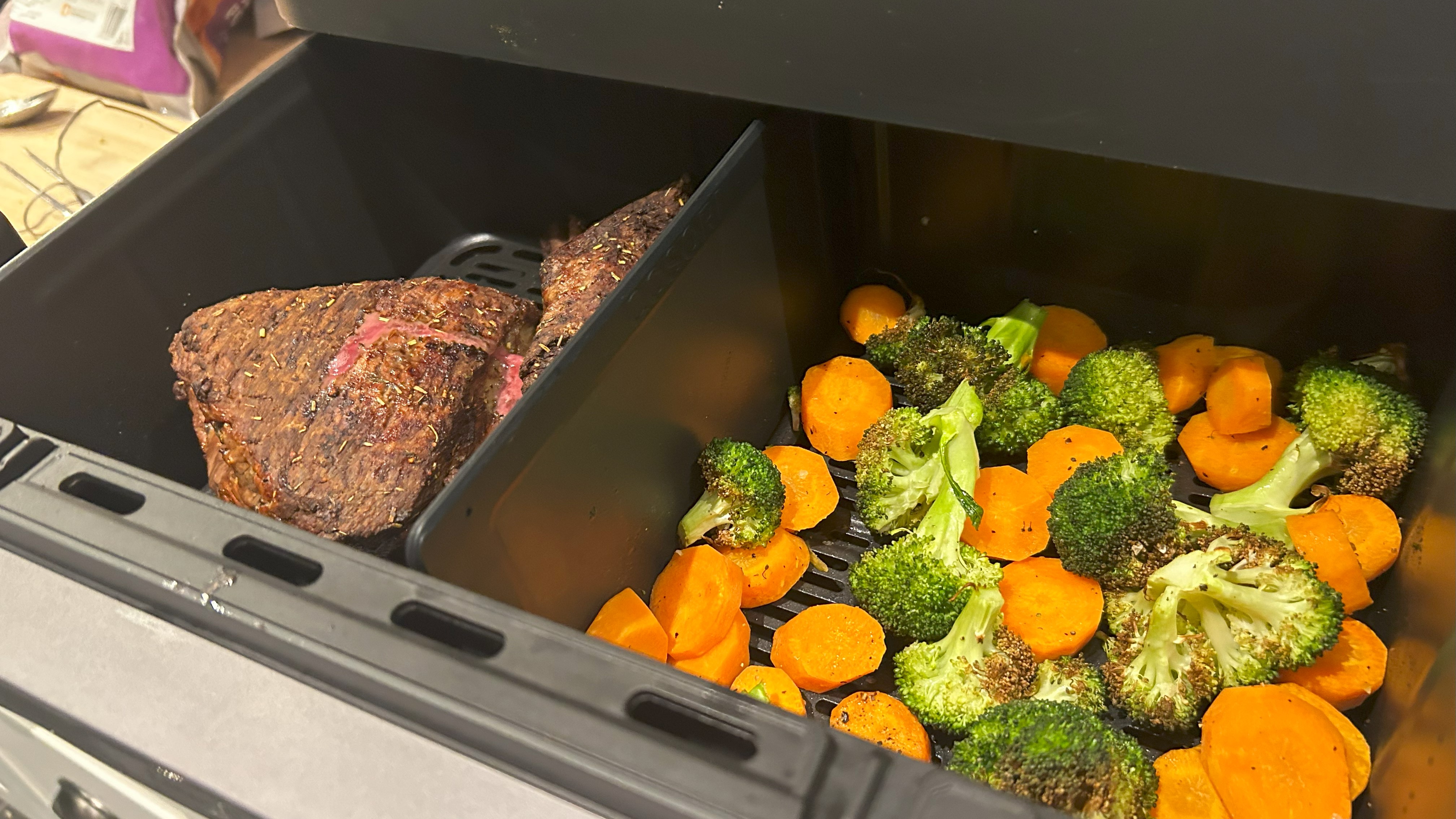 Beef and vegetables cooked using Cosori Dual Blaze Twinfry 10L Air Fryer