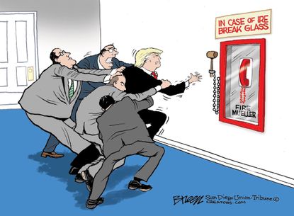 Political cartoon U.S. Trump Russia investigation fire Mueller