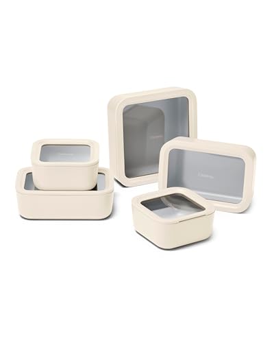 Caraway 13pc Glass Food Storage Container Set - Easy to Store, Non Toxic Lunch Box - With Glass Lids - Includes Storage Organizer - Cream