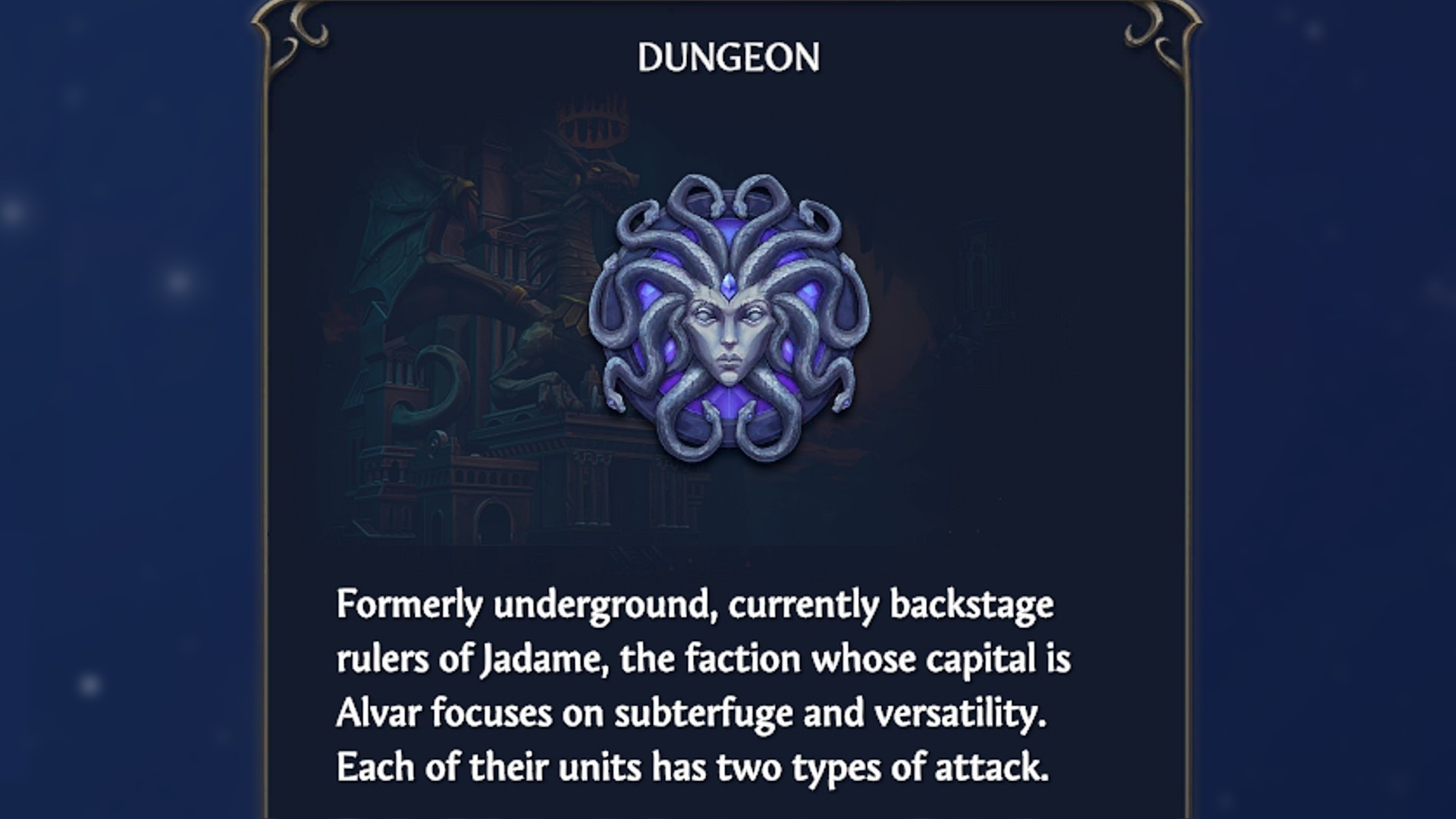 The Dungeon Faction description and medusae logo in HoMM Olden Era.