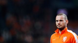 AMSTERDAM, NETHERLANDS - NOVEMBER 12: Wesley Sneijder of Netherlands stands for the national anthems prior to the international friendly match between Netherlands and Mexico held at the Amsterdam ArenA on November 12, 2014 in Amsterdam, Netherlands. (Photo by Dean Mouhtaropoulos/Getty Images)