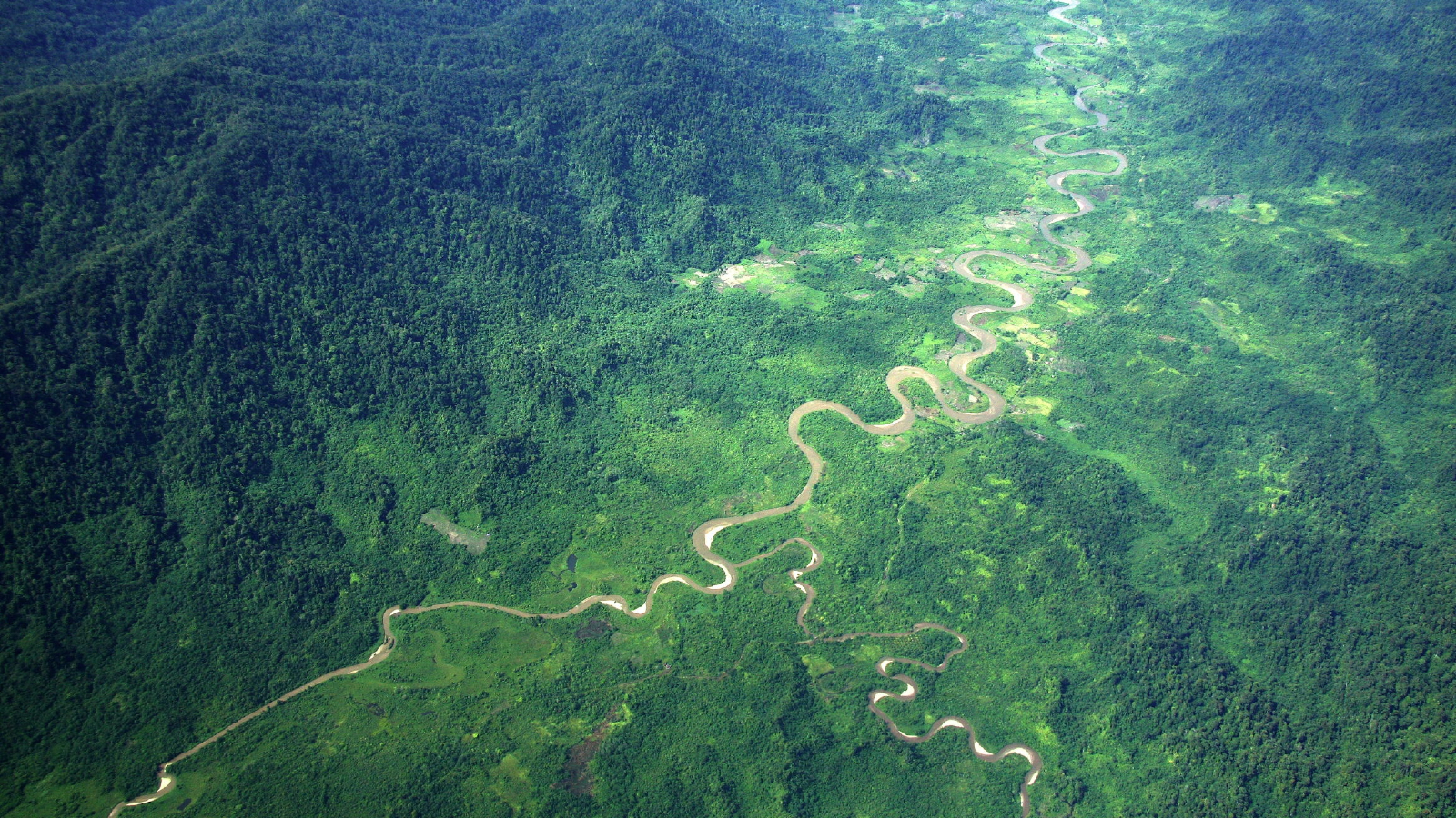 Aerial photo of a river winding through the jungle on Sumatra