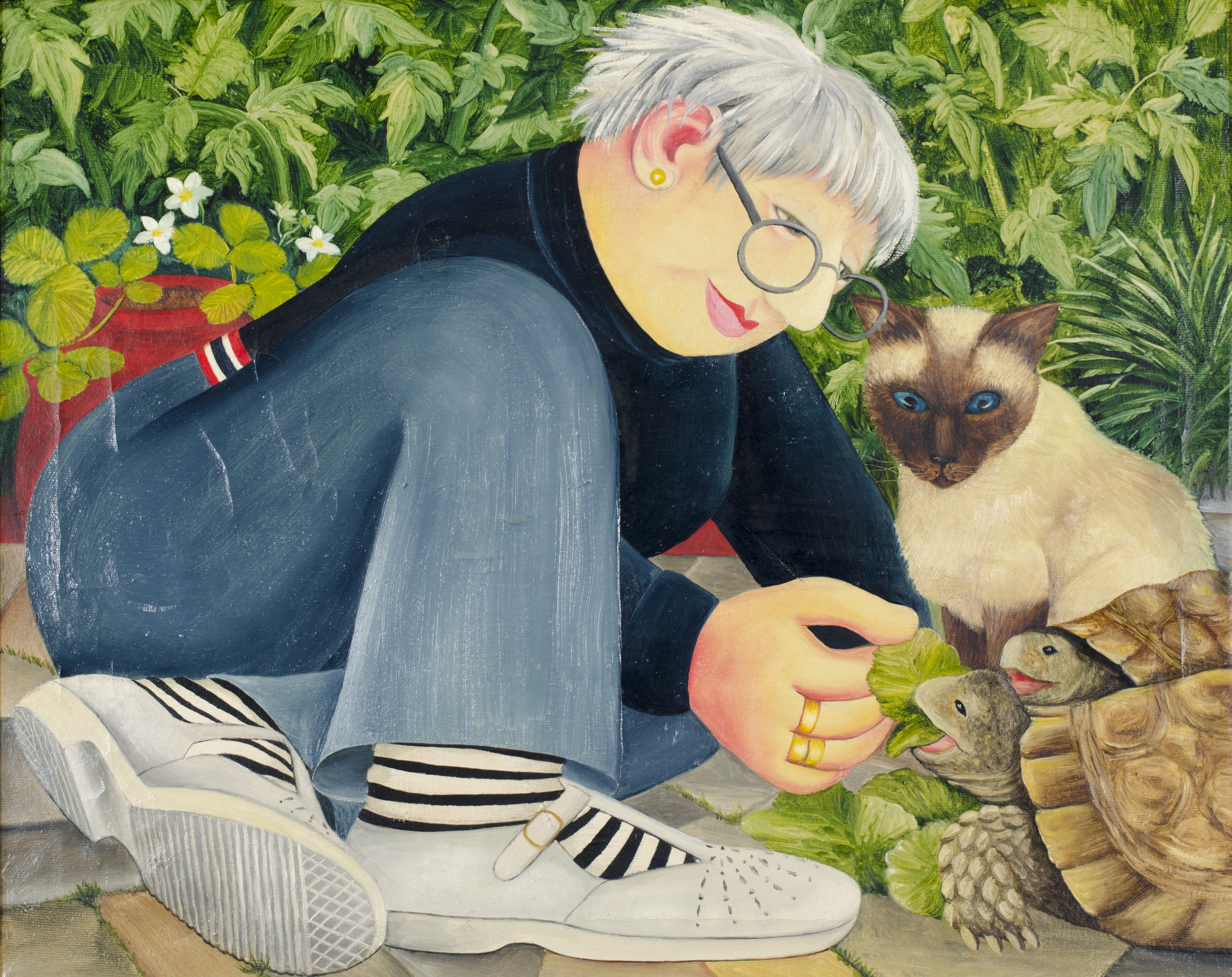 Beryl Cook painting of woman feeding tortoises