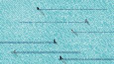 A top-down artwork showing businesspeople walking left and right across blocks with binary code on them, to represent the cyber security skills shortage. None of the businesspeople are on paths that will intersect, and as they walk the blocks change from light blue to dark blue.