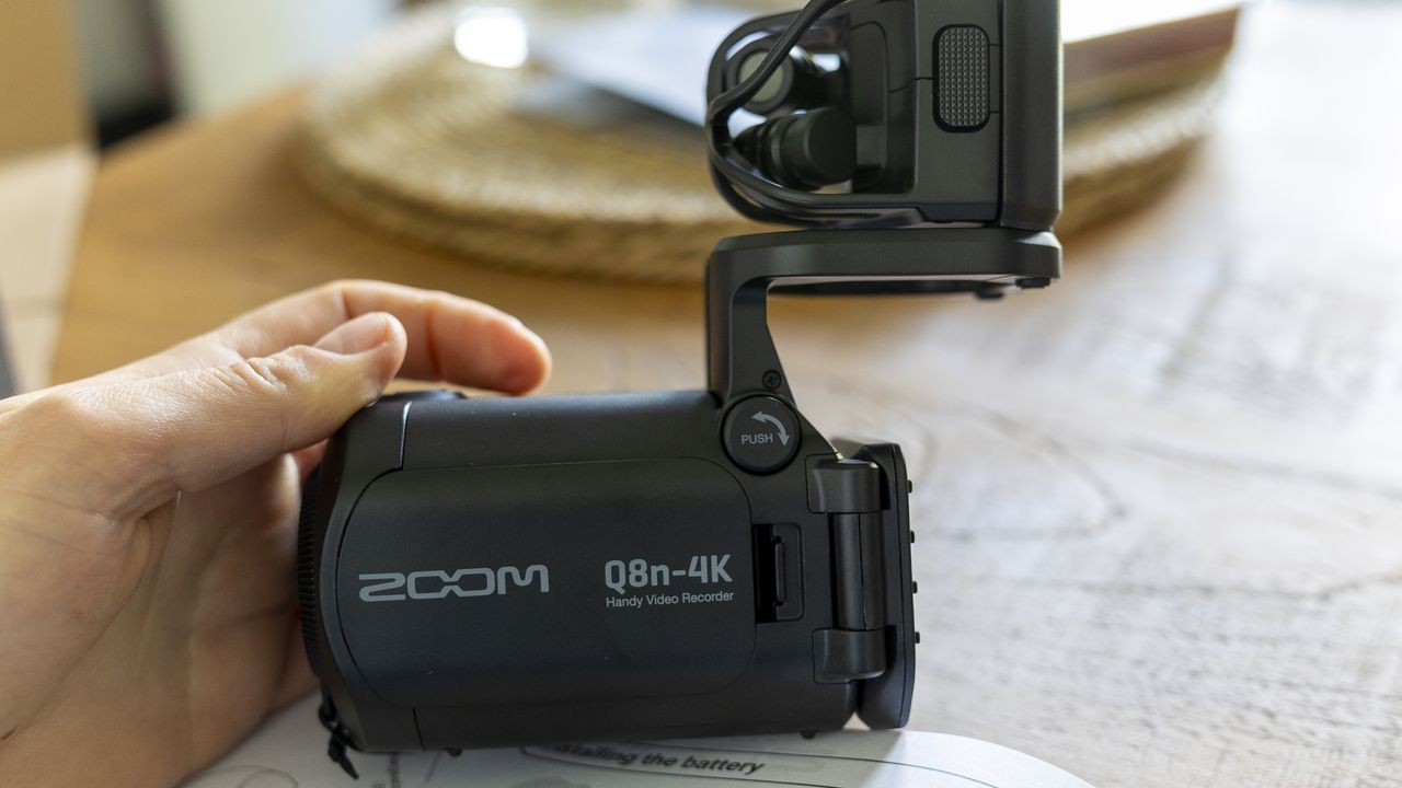 The microphones on the Zoom Q8n-4K flipped out