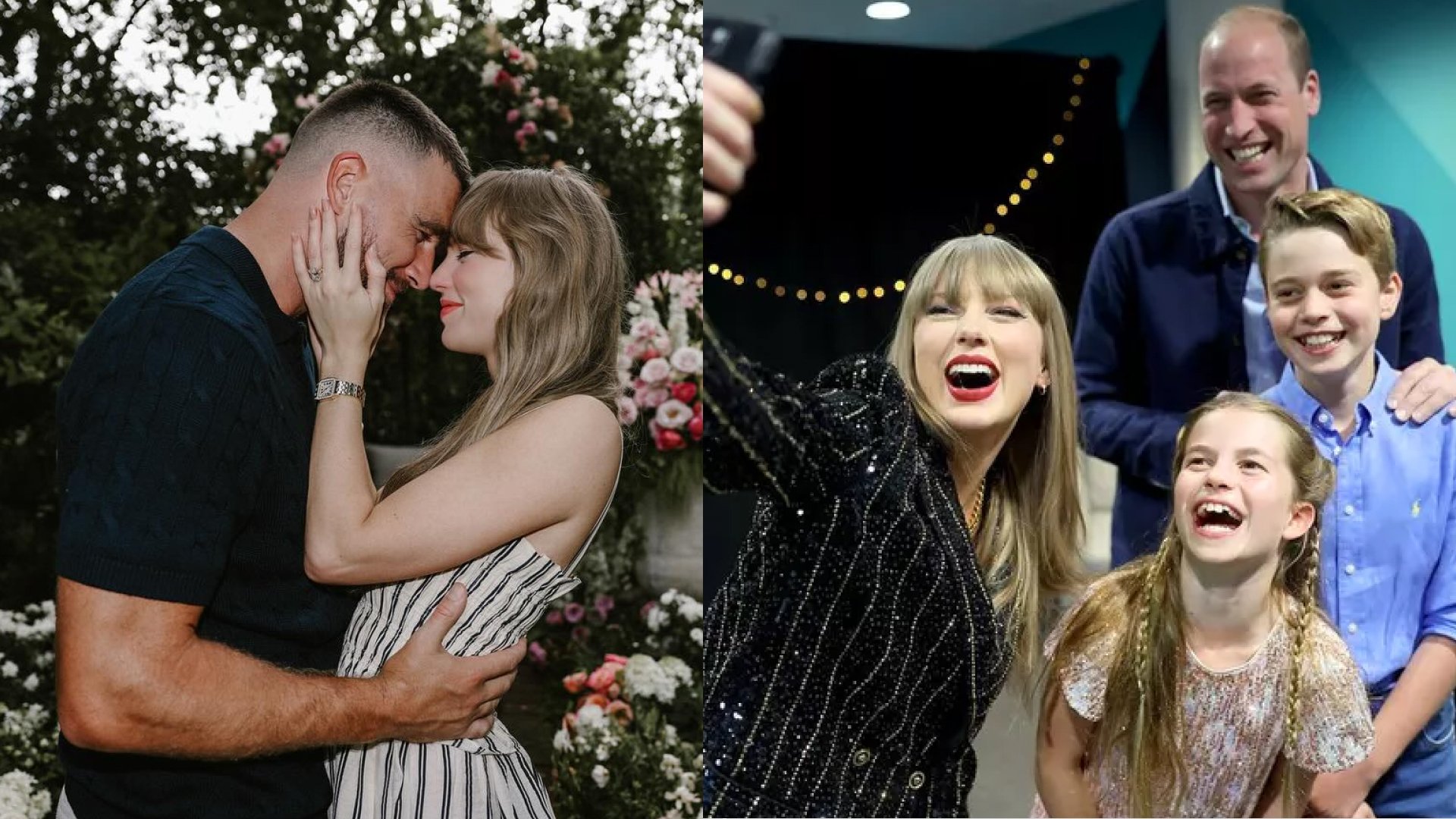Taylor Swift and Travis Kelce's engagement photo; a picture of Taylor Swift taking a selfie with Prince William, Prince George and Princess Charlotte