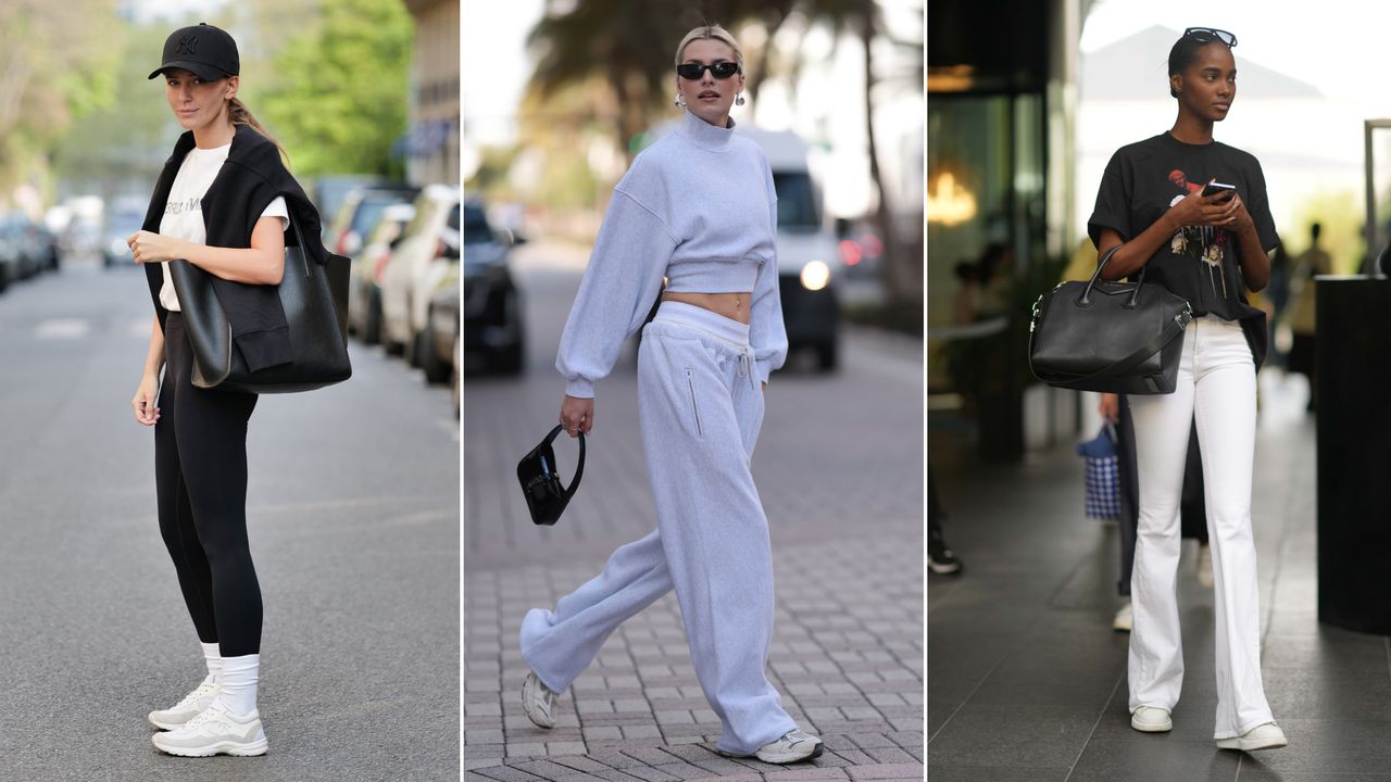 woman wearing leggings and white t shirt; woman wearing grey sweat set; woman wearing graphic tee and white pants