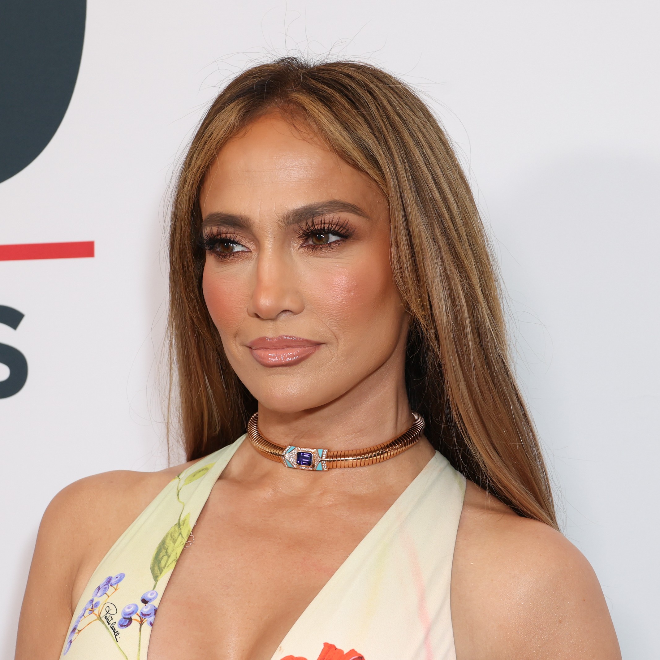 Jennifer Lopez with her honey blonde hair.