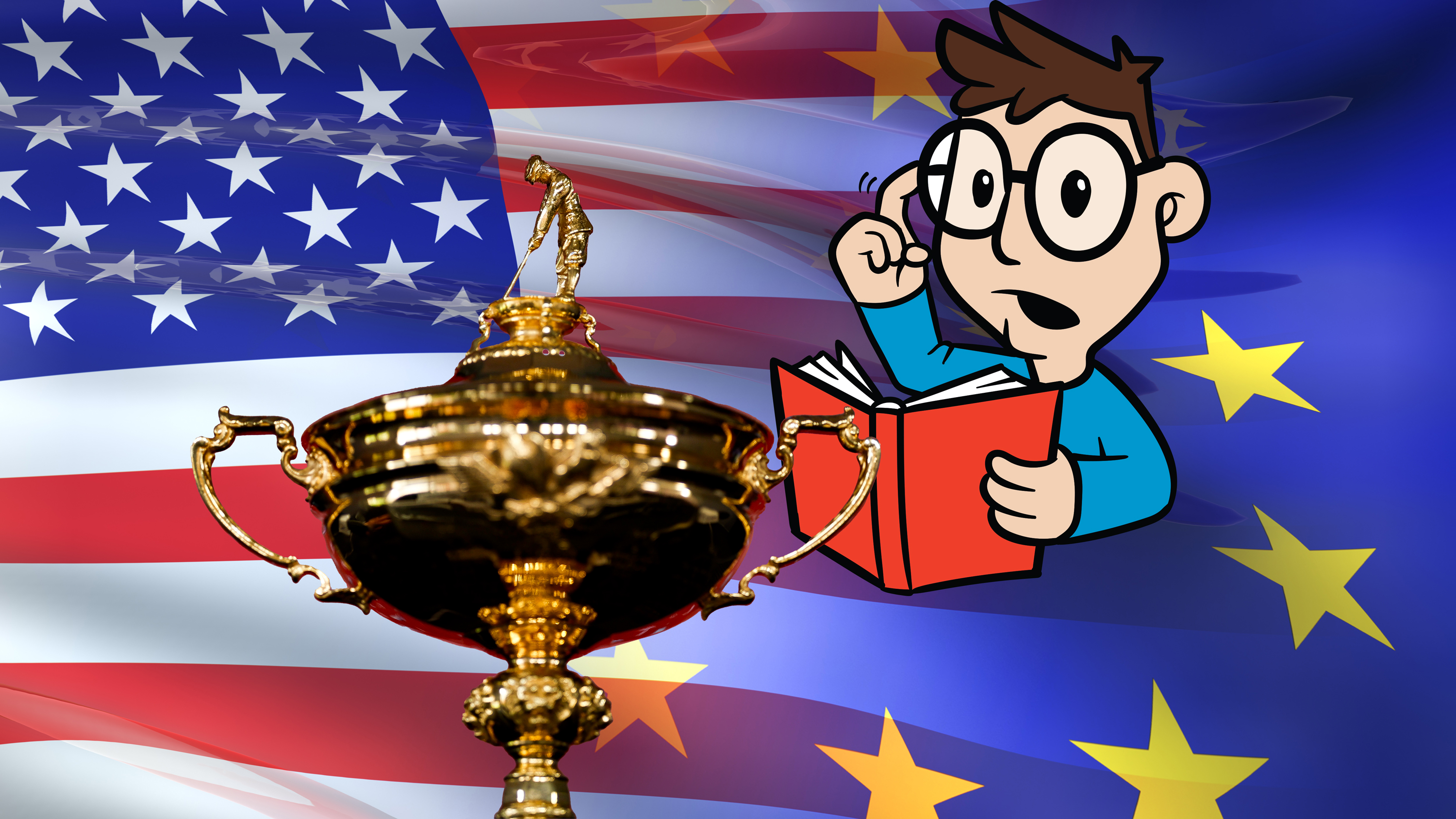 A cartoon figure holding a book of key terms looking confused in front of the Ryder Cup trophy, with a flag of USA and Europe behind in the background