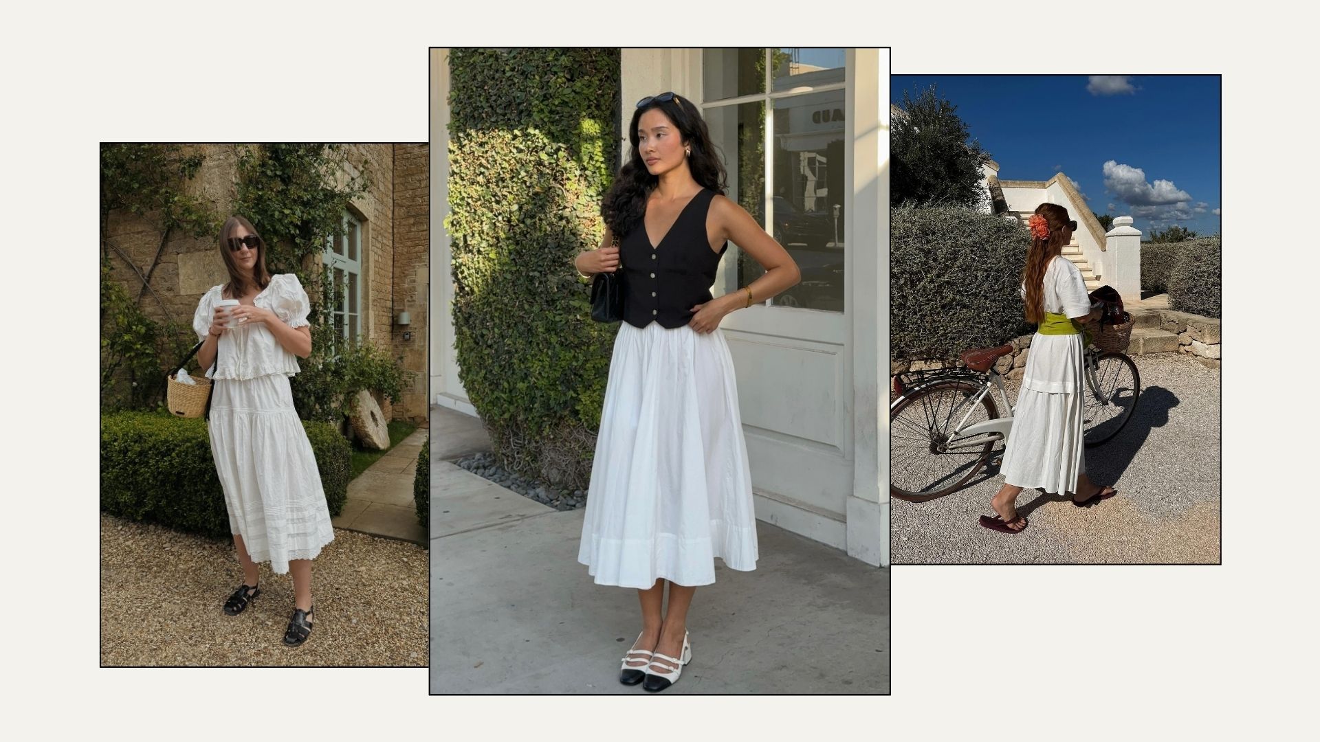 Three women wearing white midi skirts