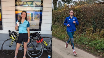 Ellie Donnell in cycling kit (left) and running kit (right)