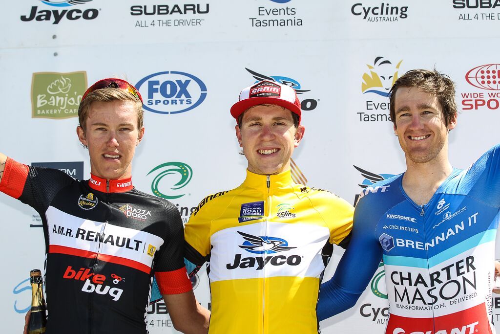 The final overall podium of Dylan Sunderland (AMR Renault Racing Team), Brad Evans (Pat's Veg Cycling) and Benjamin Hill (Charter Mason Giant Racing Team)