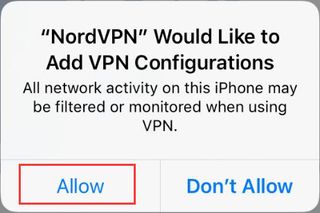 iOS prompt asking user to grant NordVPN permission to add VPN configuration