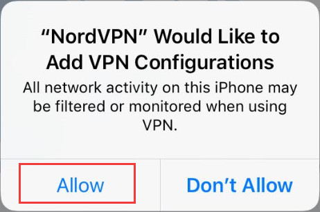 iOS prompt asking user to grant NordVPN permission to add VPN configuration