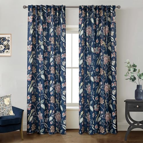Navy Blue Vintage Floral Patterned Curtains for Living Room - William Morris Victorian Decorative 70% Blackout Moody Pattern Green Dark Academia Curtains Drapes 84 Inch Length 2 Panels Set for Bedroom