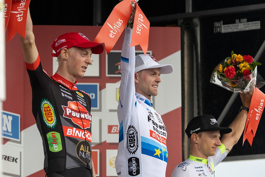 Podium of the Waterloo UCI Cyclo-cross World Cup men's elite race 2021