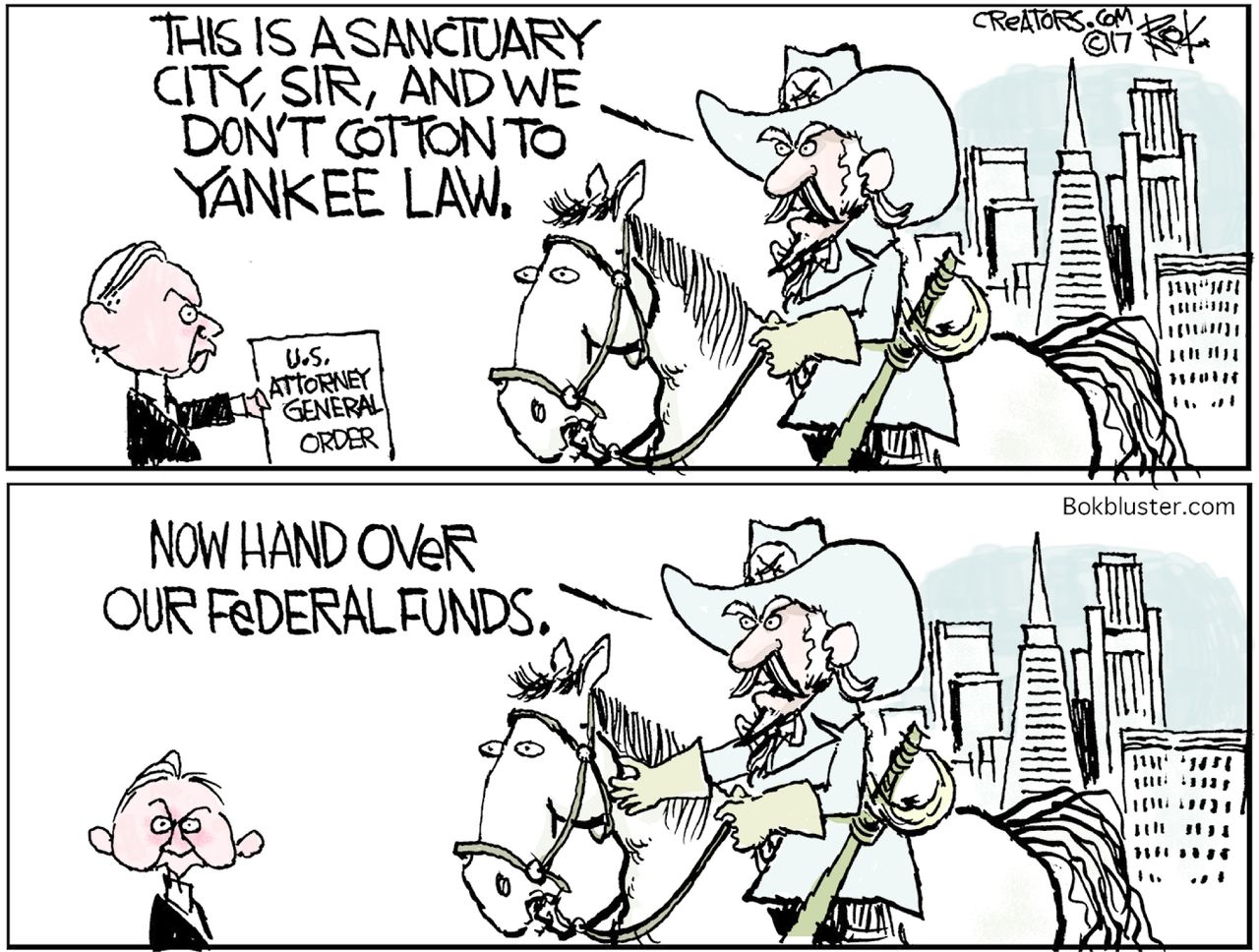 Political Cartoon U.S. Sanctuary city Jeff Sessions attorney general federal funding