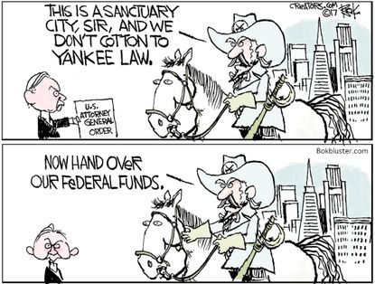 Political Cartoon U.S. Sanctuary city Jeff Sessions attorney general federal funding