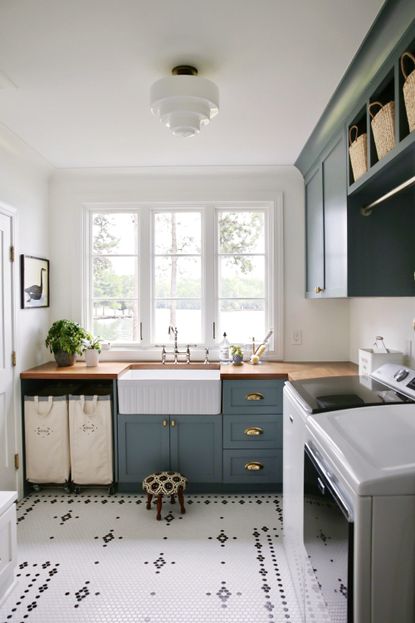 Ikea laundry room hacks with Semihandmade cabinets in Farrow & Ball De Nimes