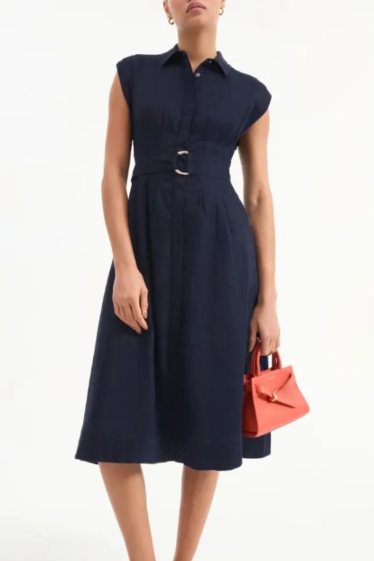 Loreta Belted Linen Dressoff-White / 00