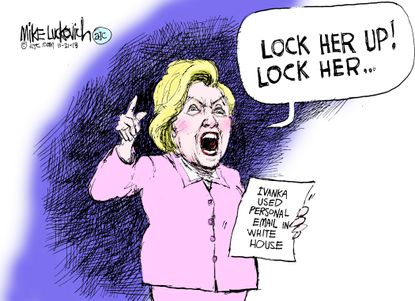 Political cartoon U.S. Ivanka Trump Hillary Clinton personal email scandal lock her up