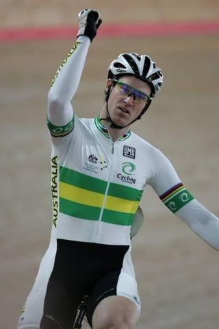 Ryan Bayley pumps his fist after beating René Wolff at the Sydney Thousand's Match Race of the Century