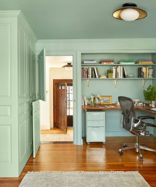 home office color-drenched with light green paint, wooden flooring and neutral rug