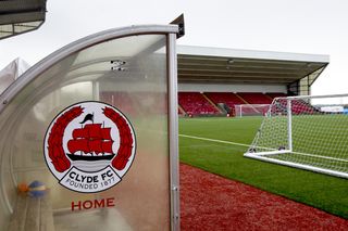 The Clyde badge on the dugout at the club's former Broadwood Stadium home