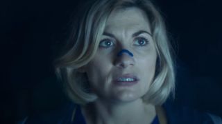 Jodie Whittaker as the 13th Doctor with a nose strip on.