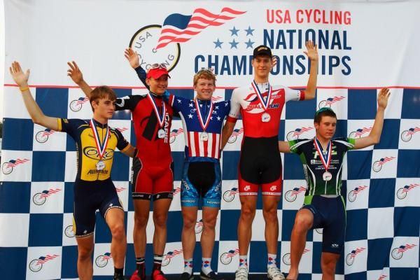 17-18 Mens Individual Pursuit Podium, L to R- Neil Shepherd, Matthew Lipscomb (Silver), Lawson Craddock (Gold), Zack Noonan (Bronze), Ben Barthel
