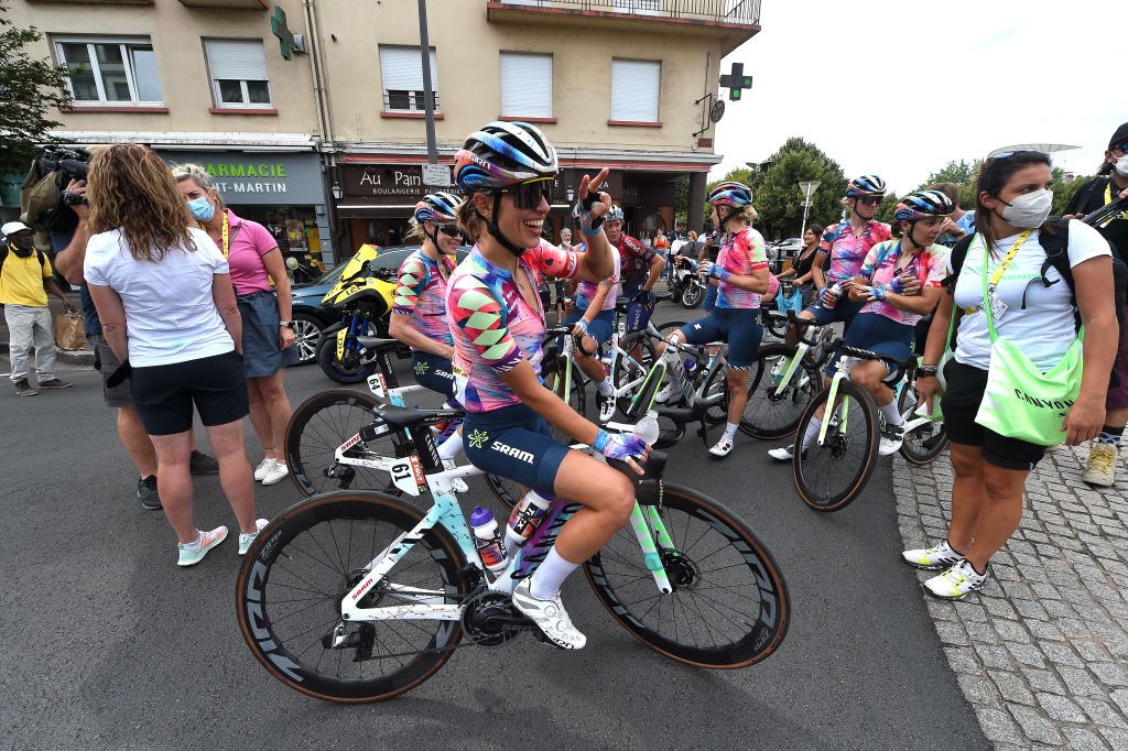 SAINTDIDESVOSGES FRANCE JULY 28 Katarzyna Niewiadoma of Poland and Team CanyonSRAM Racing reacts after the 1st Tour de France Femmes 2022 Stage 5 a 1756km stage from BarleDuc to SaintDidesVosges TDFF UCIWWT on July 28 2022 in SaintDidesVosges France Photo by Dario BelingheriGetty Images