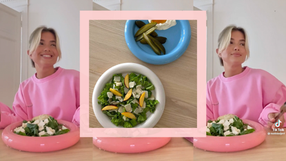 Matilda Djerf in a pink sweatshirt with a salad on bubble plates