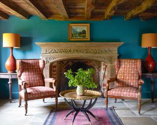 A colorful living room in a country home in Sussex designed by Kate Forman