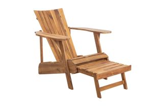 A wooden Adirondack chair with retractable ottoman