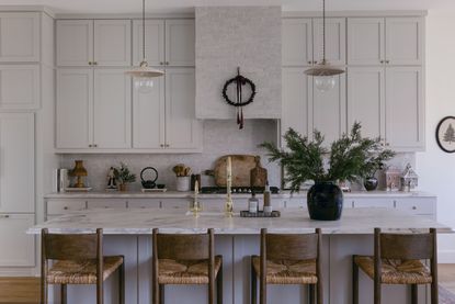 a white kitchen styled for christmas