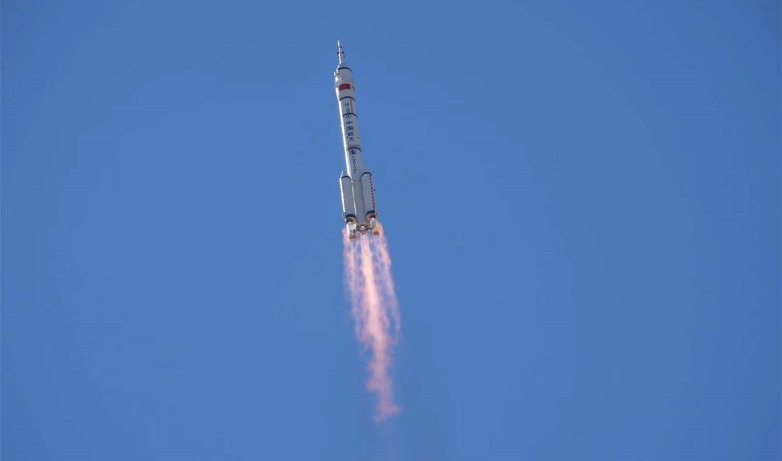 A China Long March 2F rocket launches three astronauts to the Tianhe core module of the Tiangong space station on June 17, 2021.