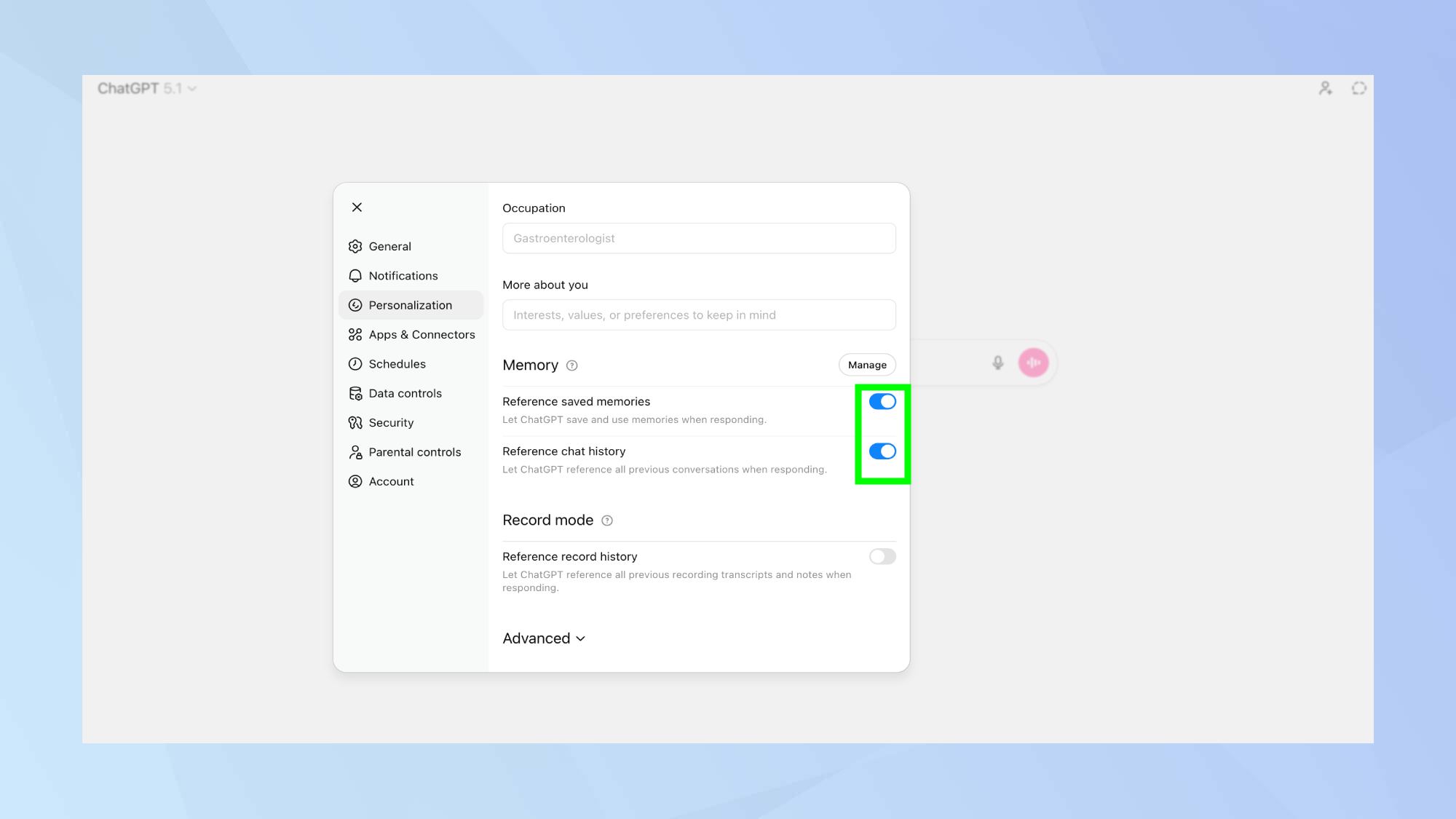 Chat history and memory enabled in ChatGPT settings