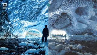 A dynamic HDR picture comparison image of a person inside an ice cave.