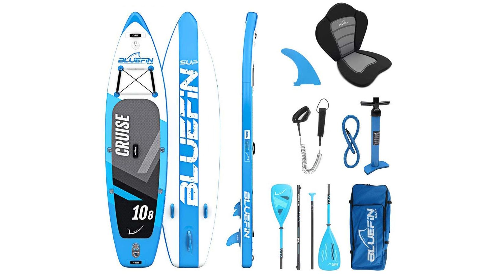 Bluefin Cruise 10'8" stand up paddle board, plus accessories including pump, leash, oars and kayak seat