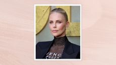 Charlize Theron is pictured with her hair up and wearing a black blazer whilst at the Los Angeles Premiere of Netflix's "The Old Guard 2" at Netflix Tudum Theater on June 25, 2025 in Los Angeles, California/ in a pastel pink watercolour paint-style template