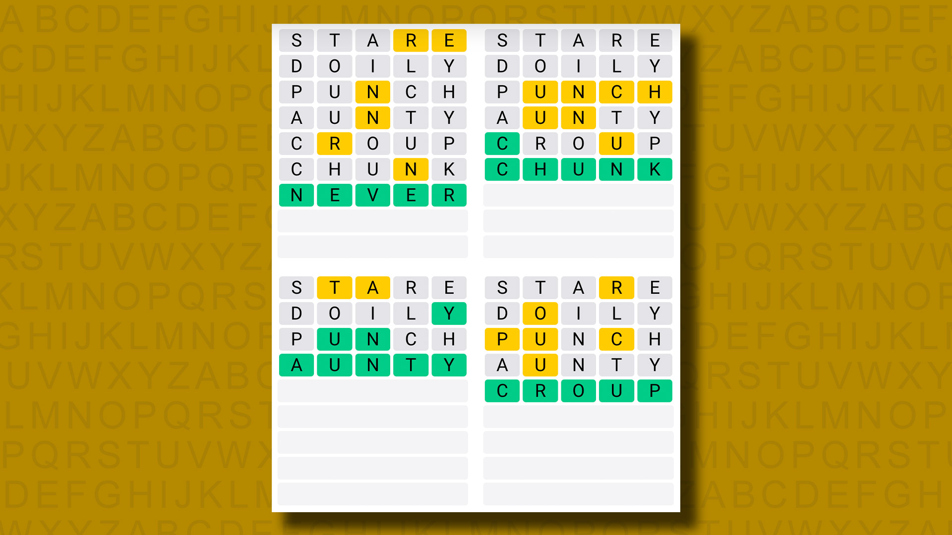 Quordle's answers for game 945 on yellow background