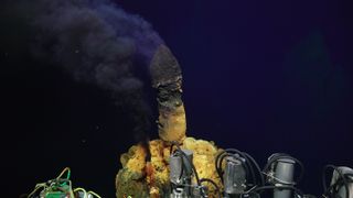 A deep-sea hydrothermal chimney pours volcanic fluid into the ocean near New Zealand.