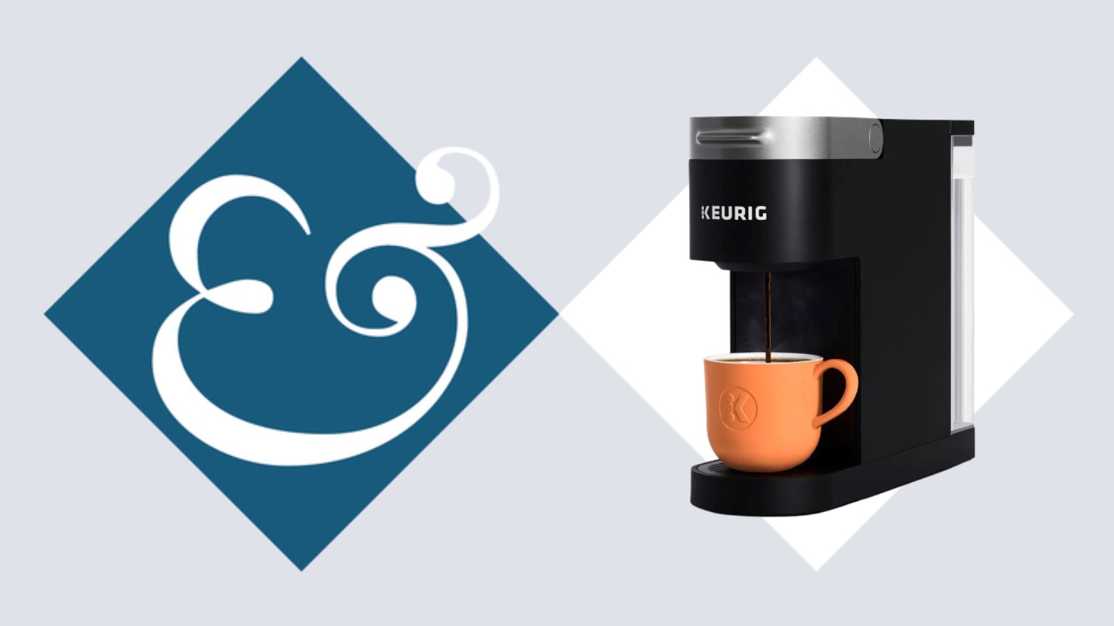A black keurig K-slim coffee maker in a white diamond, next to a dark blue diamond with a &amp; sign inside.