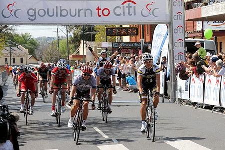 Richard Lang wins the Goulburn to Citi in a bunch sprint.