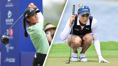 Golf Tips For Ladies: Celine Boutier after hitting a tee shot (left) and Lexi Thompson reading a putt on the putting green (right)